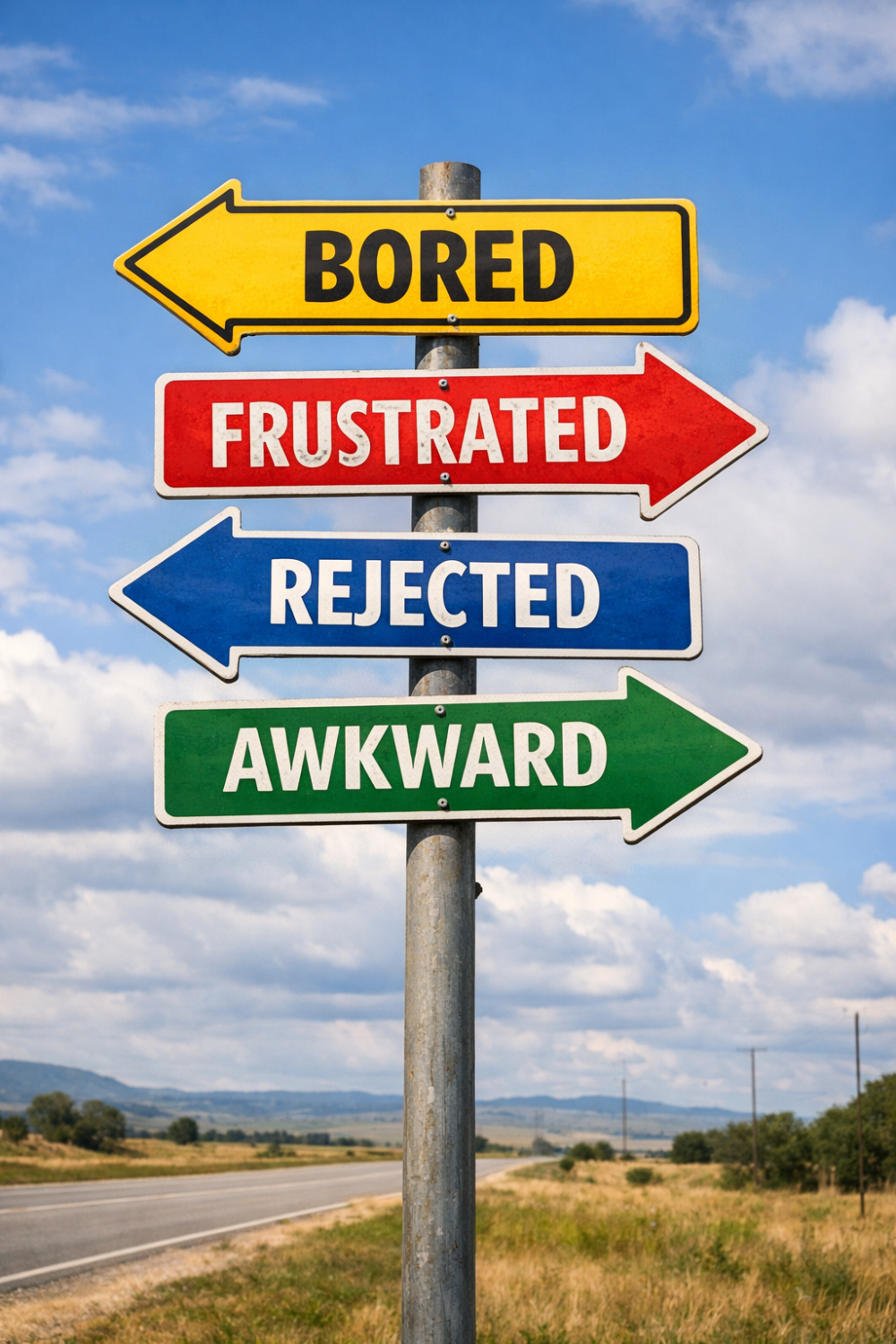 A signpost alongside a highway with four arrow signs pointing different directions, reading bored, frustrated, rejected, and awkward.