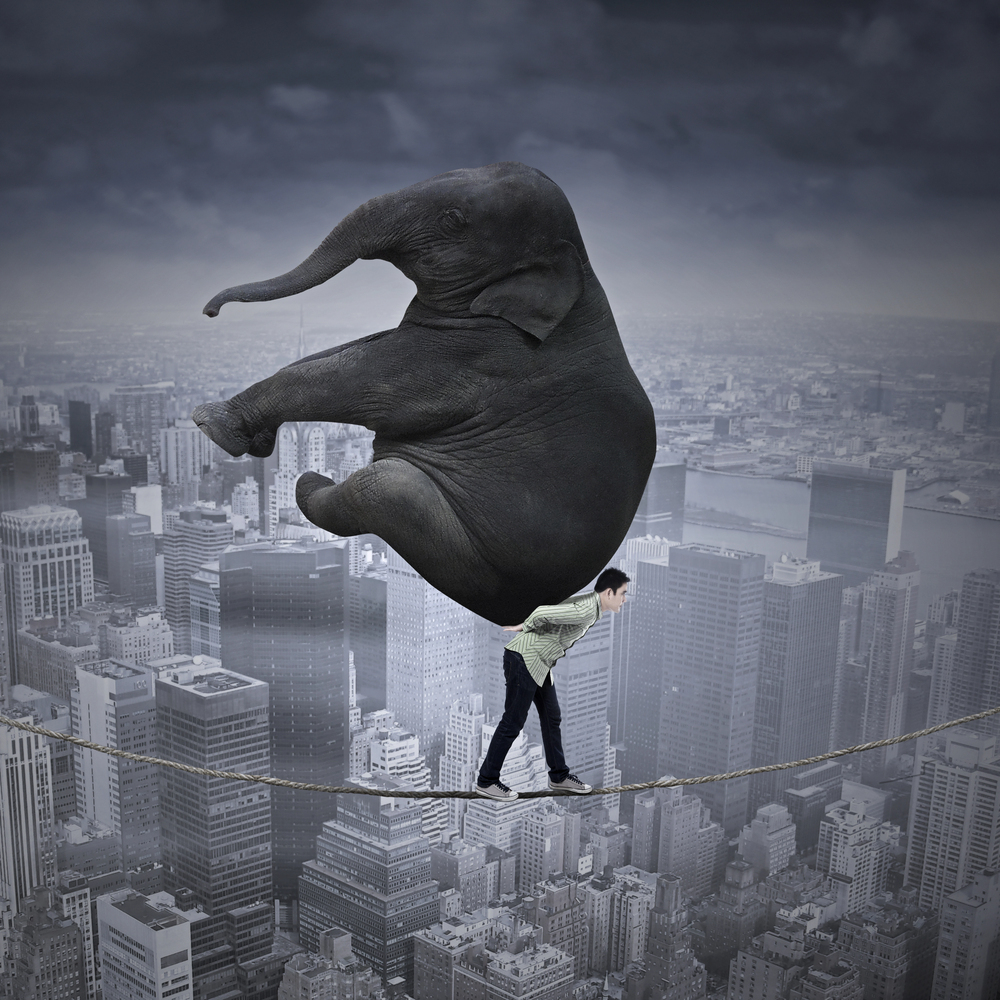 Photo of a man walking a tightrope carrying an elephant on his back
