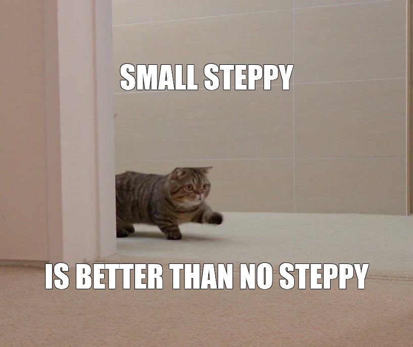 small steppy Meme of a short-legged cat (probably a ragdoll breed) with paw extended, taking a small step, and the words "small steppy is better than no steppy"