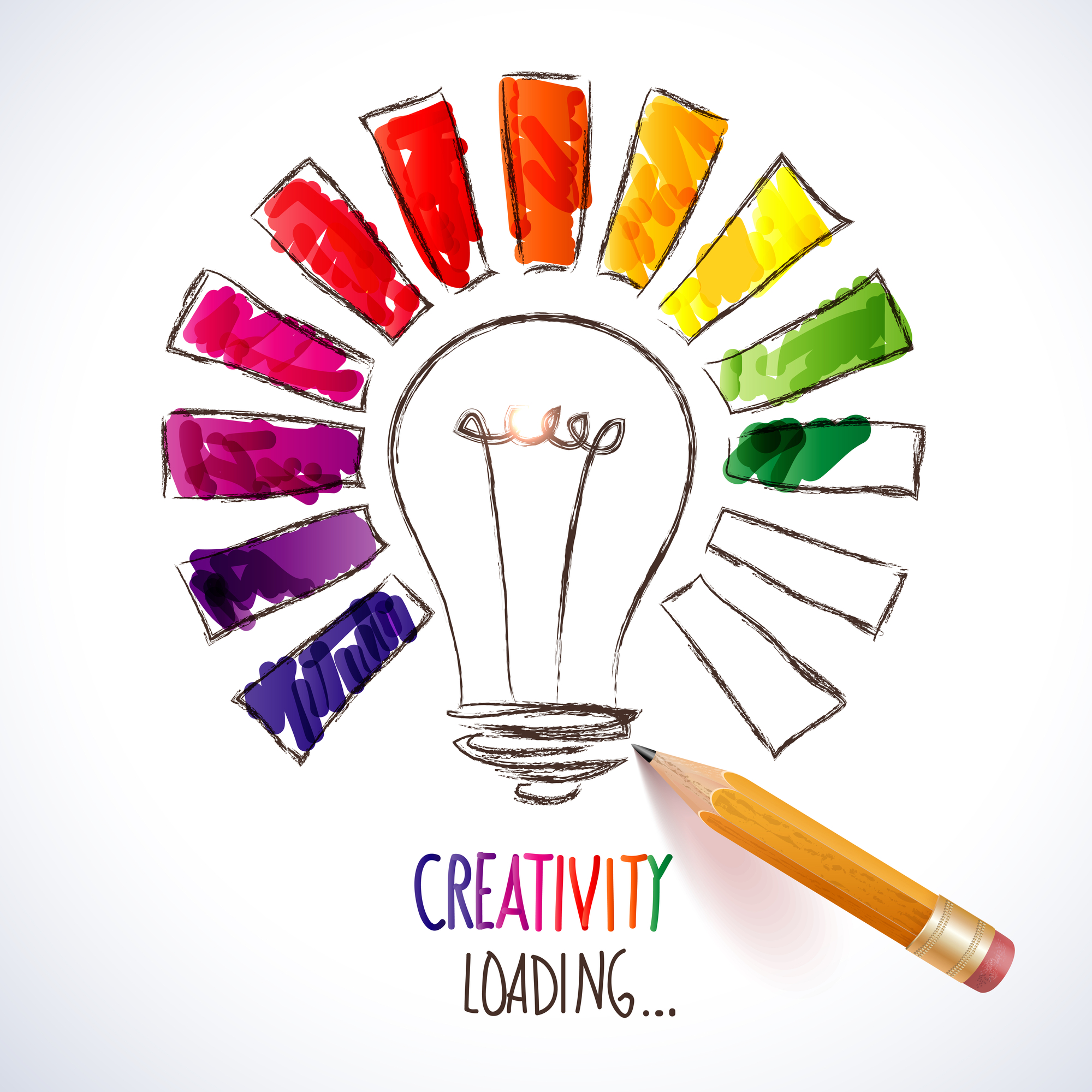 A pencil drawing a lightbulb with light rays emanating from it, colored in with a rainbow of colors.